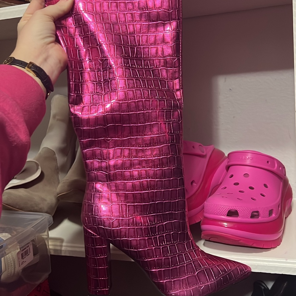 Billini Pink Heeled Boots Croc-Embossed Knee-High